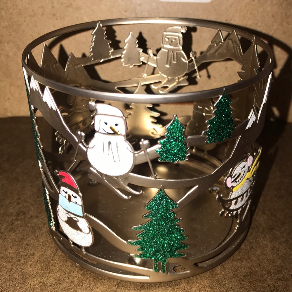 New BBW glitter snowman skiing 3wick candle holder